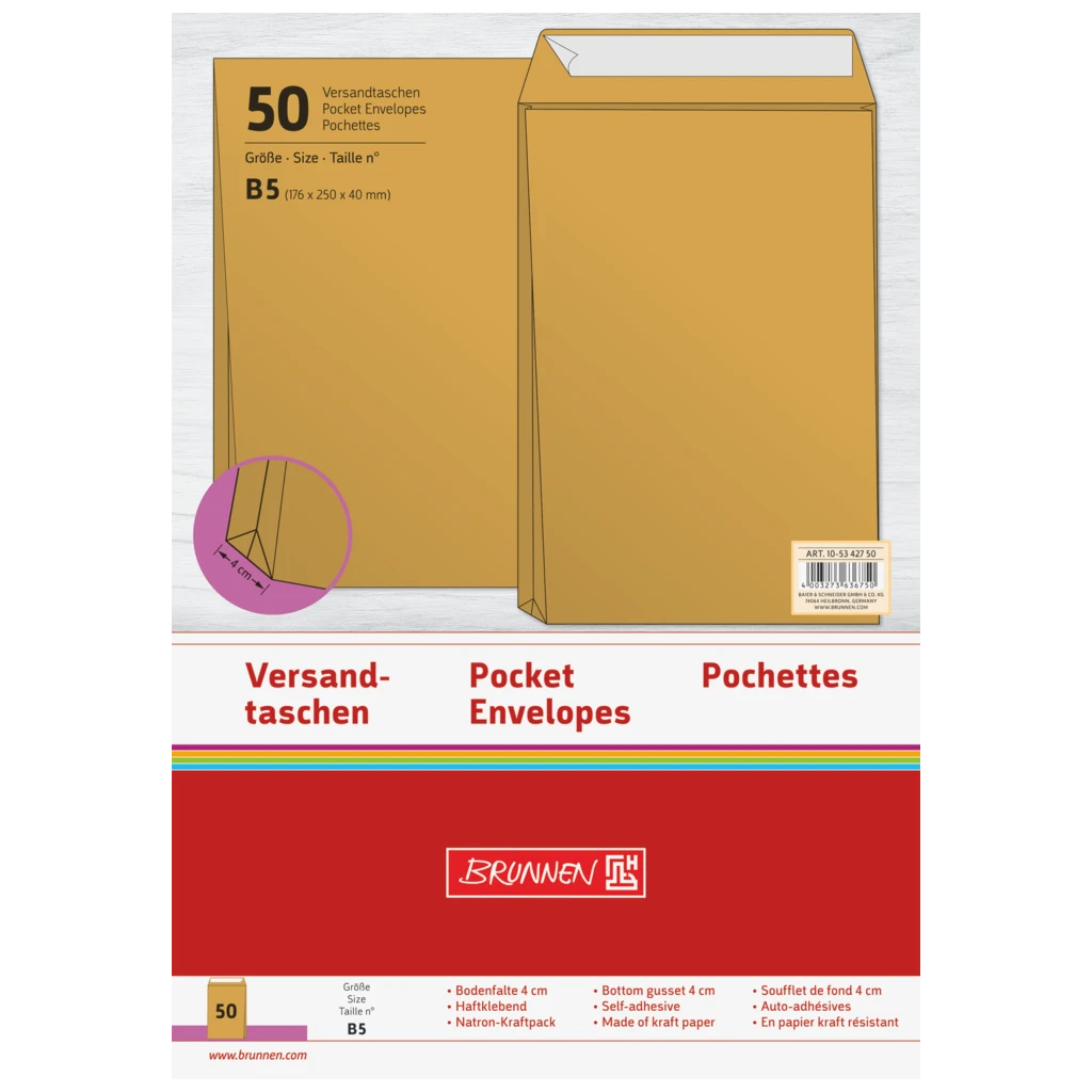 Kuvert med vikbar botten | 176×250 mm, B5, 110 g/m², brun, 50 styck