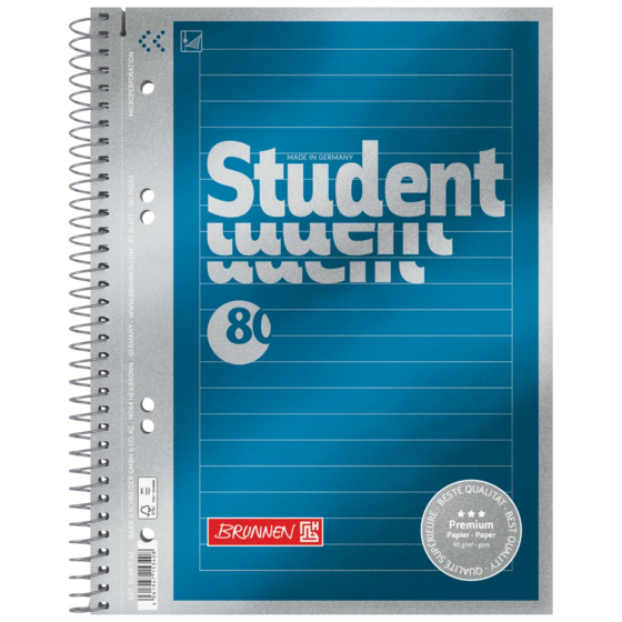 Anteckningsbok för college Premium Student | A5, linjerat, 80 blad / 160 sidor, blå