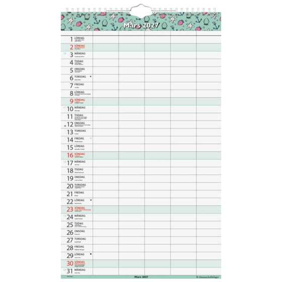Familjekalender Helår 2027 5 kolumner | 25×42 cm