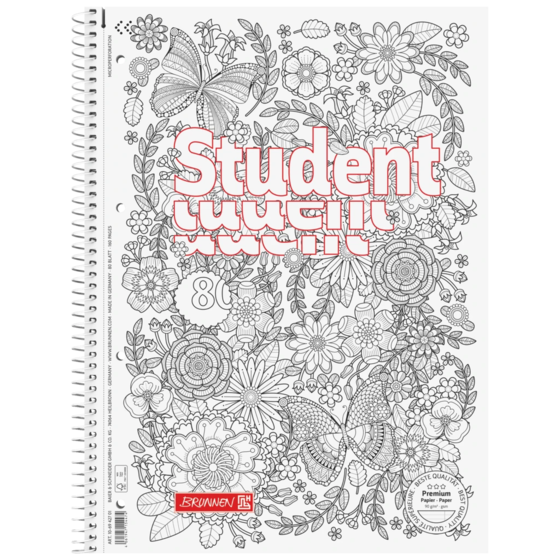 Anteckningsbok Premium Student “Fjäril” ZENart | A4, linjal 27, 80 blad / 160 sidor, vit
