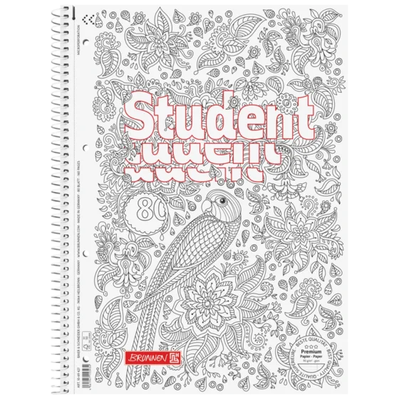 Anteckningsbok Premium Student “Papegoja” ZENart | A4, linjal 27, 80 blad / 160 sidor, vit
