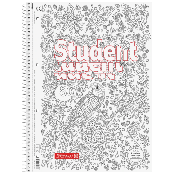 Anteckningsbok Premium Student “Papegoja” ZENart | A4, linjal 27, 80 blad / 160 sidor, vit