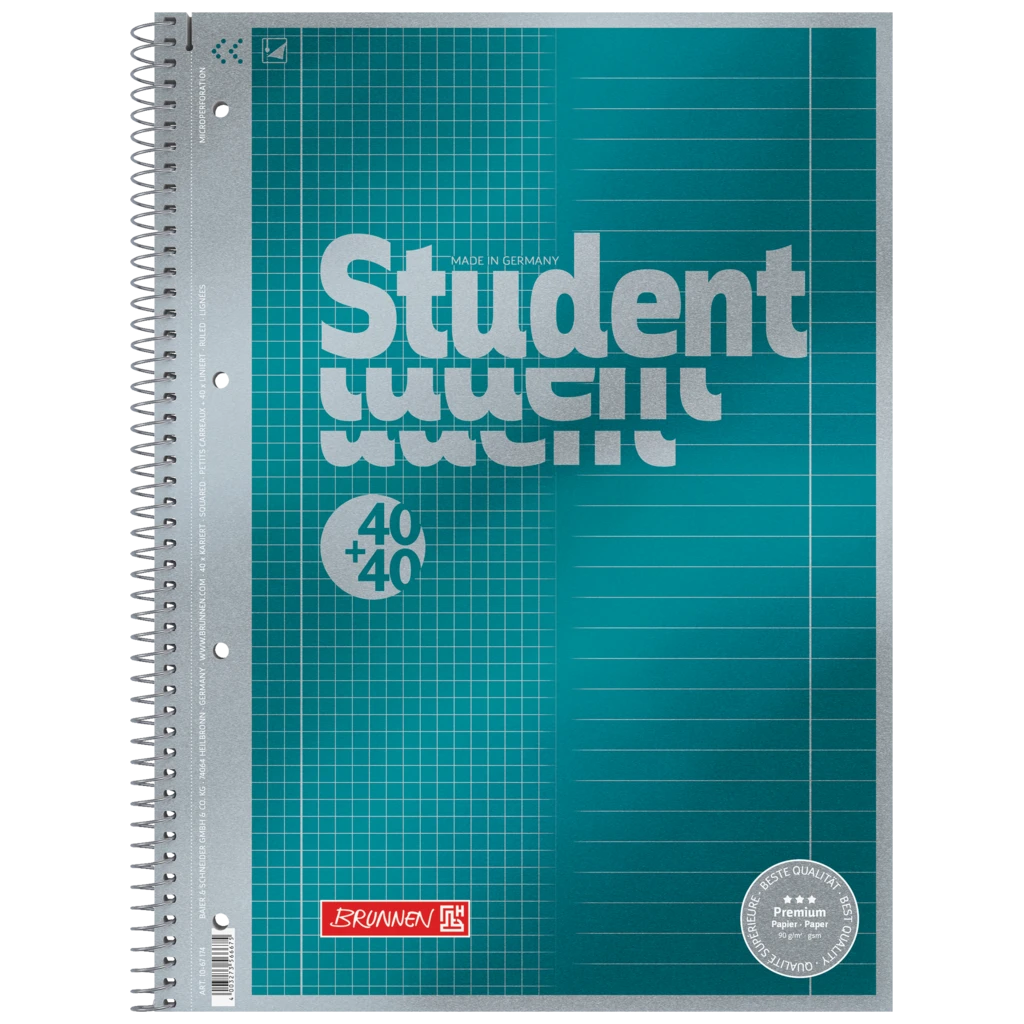 Kollegieblock Premium Student “DUO” | A4, rutat/linjerad, 80 blad / 160 sidor, petrol