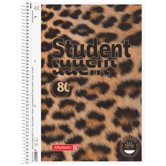Anteckningsbok Premium Student “Leopard” | A4, linjal 28, 80 blad / 160 sidor, brun/svart