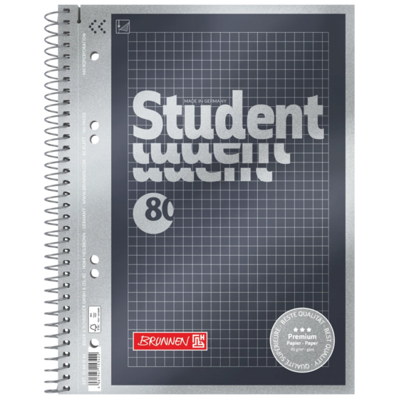 Anteckningsbok för college Premium Student | A5, rutat, 80 blad / 160 sidor, antracit