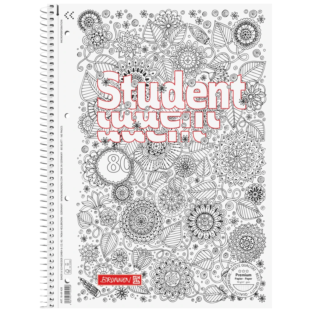 Anteckningsbok Premium Student “Floral” ZENart | A4, linjal 28, 80 blad / 160 sidor, vit