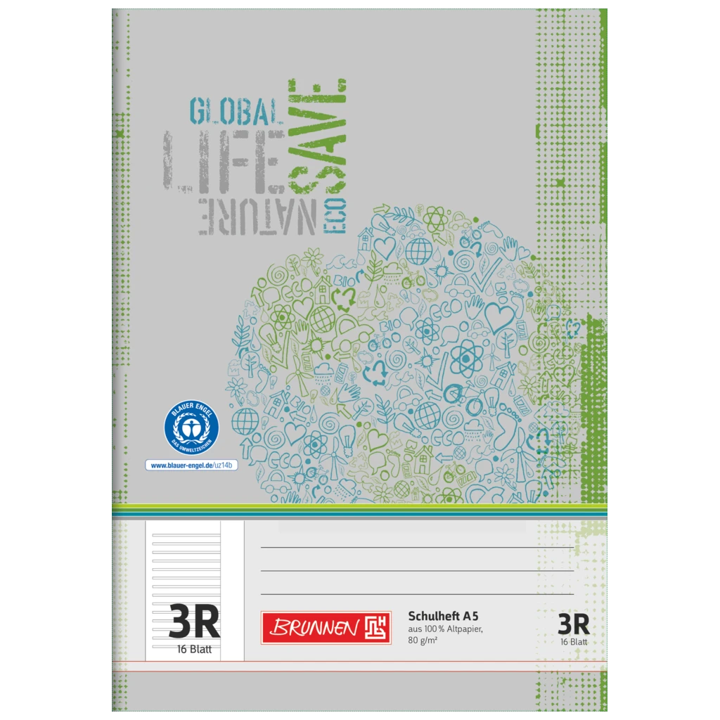 Övningsbok Recycling | A5, linjal 3R, 16 blad / 32 sidor, grön/grå