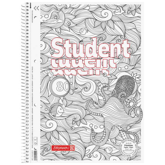 Anteckningsbok Premium Student “Bläckfisk” ZENart | A4, linjal 28, 80 blad / 160 sidor, vit