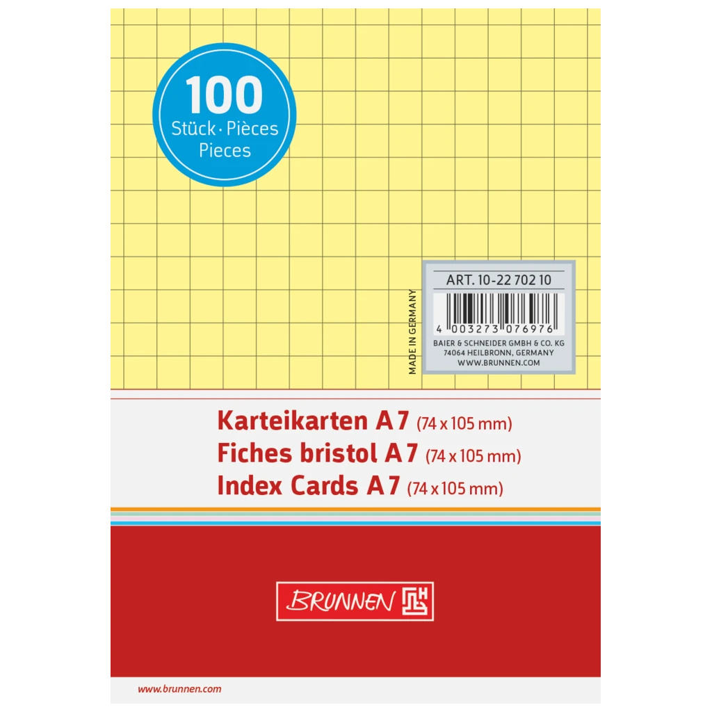 Indexkort | 105×74 mm, A7, 5 mm rutat, gul, 100 styck