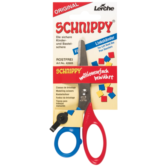 Hantverkssax “Schnippy” Vänsterhänt | rundade, 130 mm, röd/blå