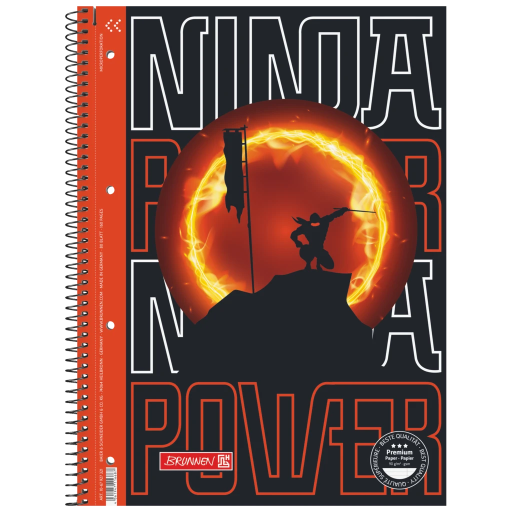Kollegieblock Premium Ninja Power | A4, linjal 27, 80 blad / 160 sidor, orange/svart