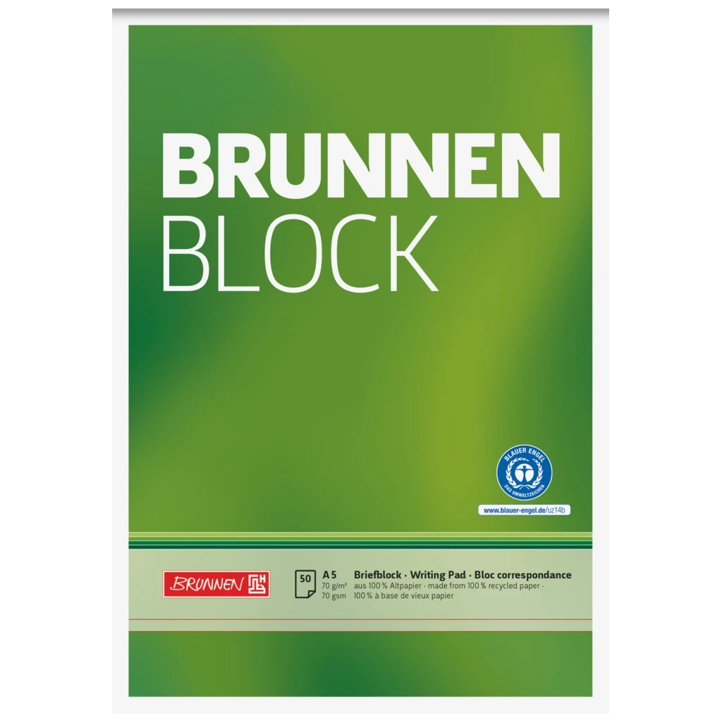 Brevpapper “BRUNNEN-Block” Recycling | A5, linjal 6, 50 blad / 100 sidor, grön