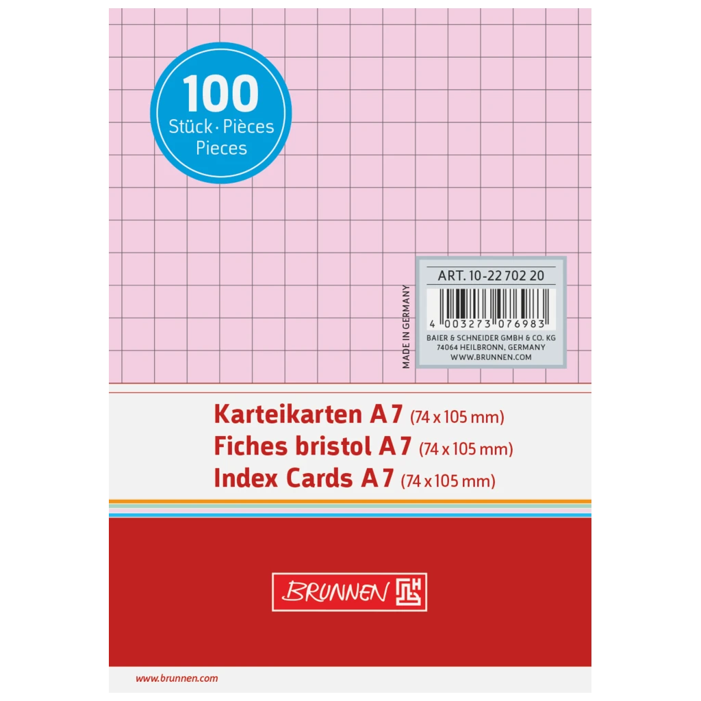 Indexkort | 105×74 mm, A7, 5 mm rutat, röd, 100 styck
