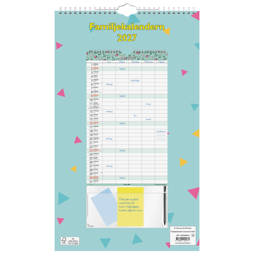 Familjekalender Helår 2027 5 kolumner | 25×42 cm