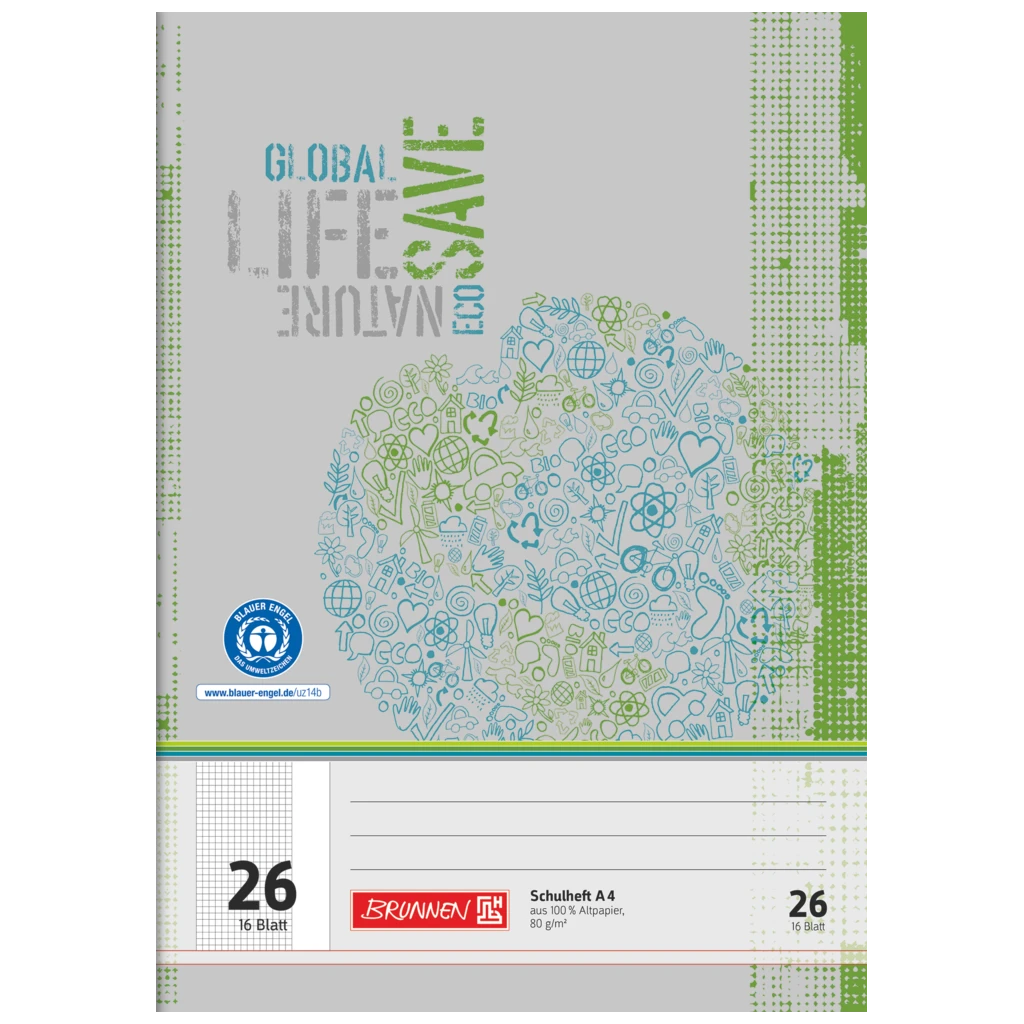 Övningsbok Recycling | A4, linjal 26, 16 blad / 32 sidor, grön/grå