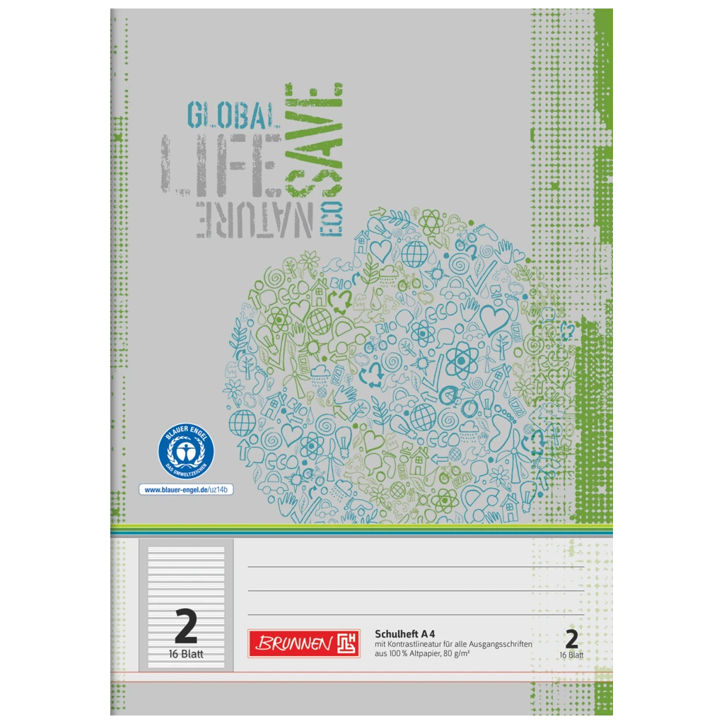 Övningsbok Recycling | A4, linjal 2, 16 blad / 32 sidor, grön/grå