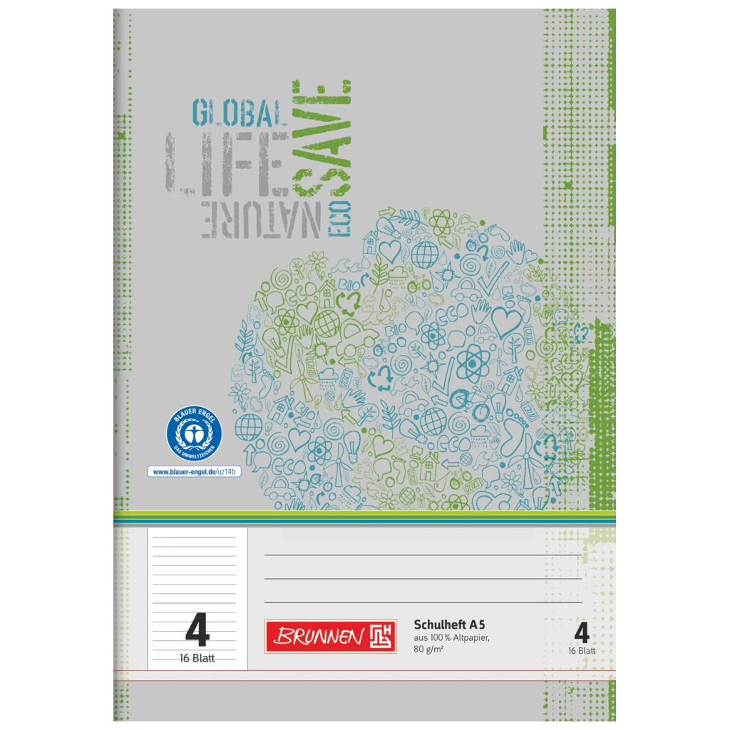 Övningsbok Recycling | A5, linjal 4, 16 blad / 32 sidor, grön/grå