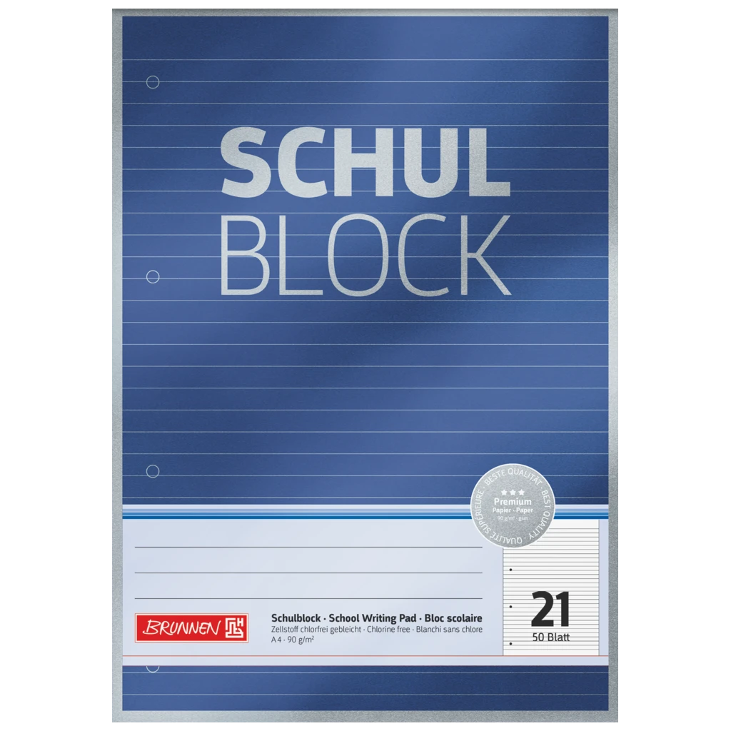 Skolblock Premium | A4, linjal 21, 50 blad, blå