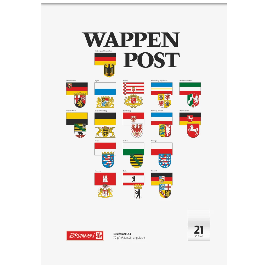 Brevpapper “Wappen-Post” | A4, linjal 21, 50 blad / 100 sidor, mångfärgad
