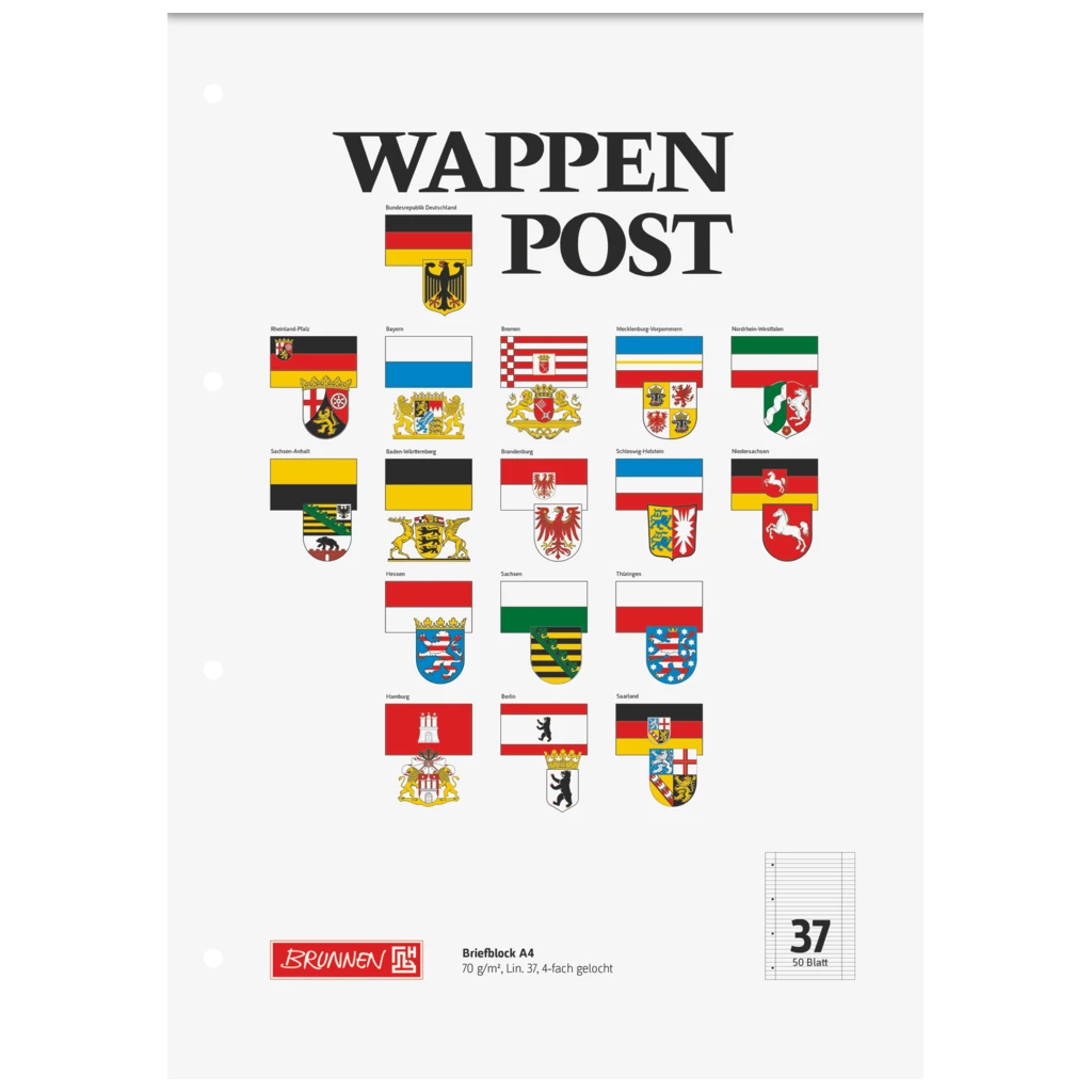 Brevpapper “Wappen-Post” perforerad | A4, linjal 37, 50 blad / 100 sidor, mångfärgad