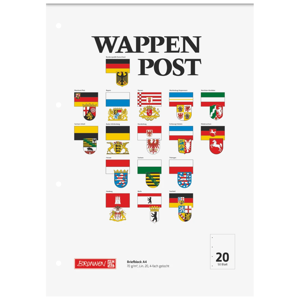 Brevpapper “Wappen-Post” perforerad | A4, linjal 20, 50 blad / 100 sidor, mångfärgad
