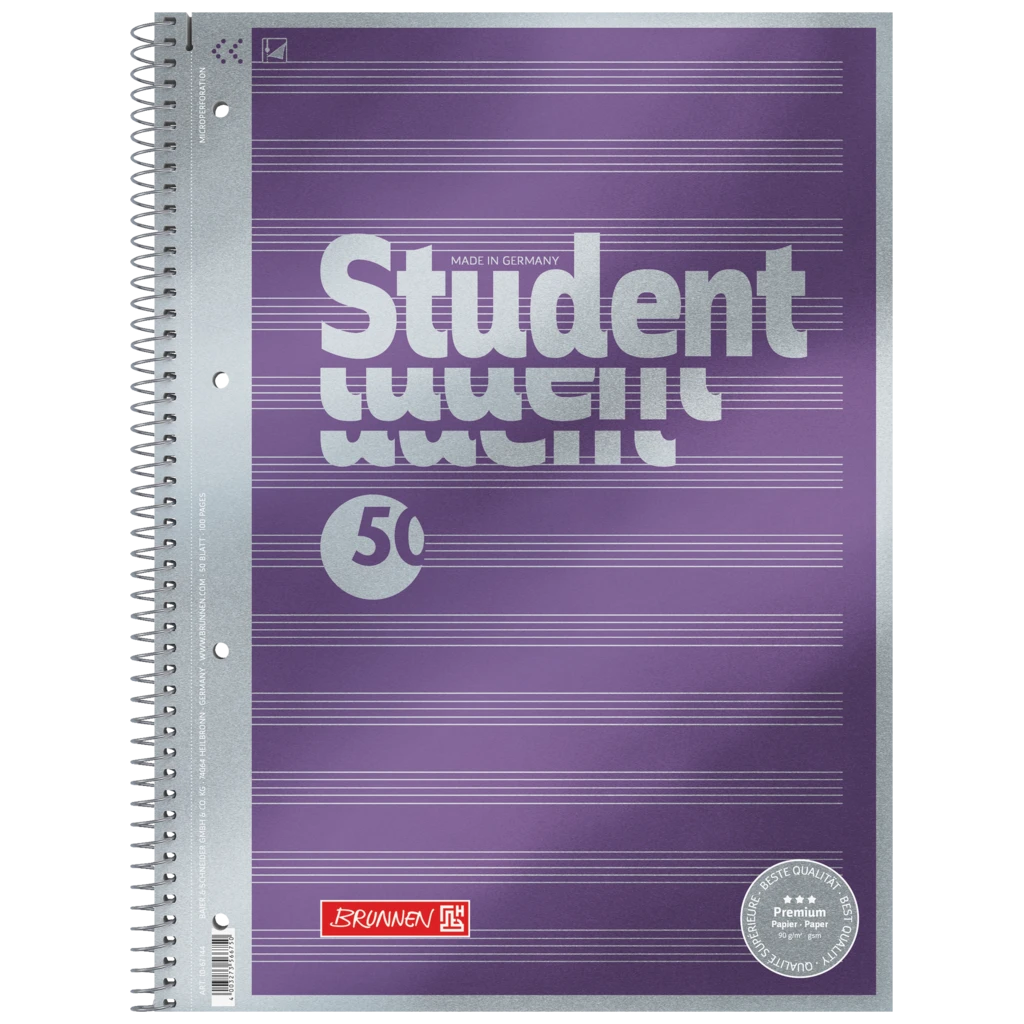 Kollegieblock Premium Student “Noter” | A4, linjal 14, 50 blad / 100 sidor, violett