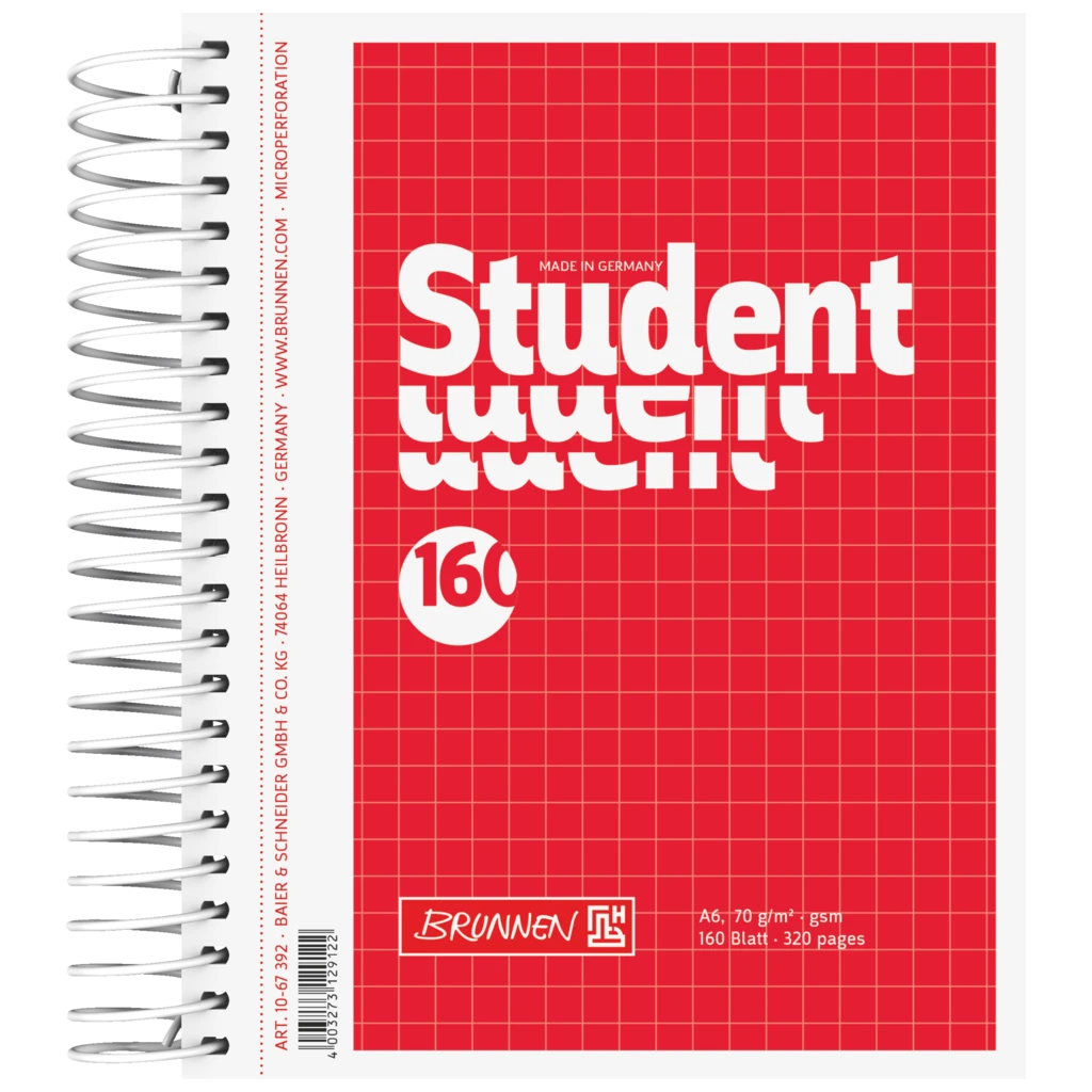 Kollegieblock Student | A6, rutat, 160 blad / 320 sidor, röd
