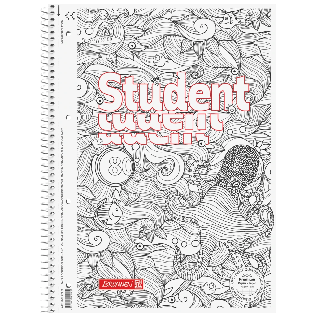 Kollegieblock Premium Student “Bläckfisk” ZENart | A4, linjal 28, 80 blad / 160 sidor, vit