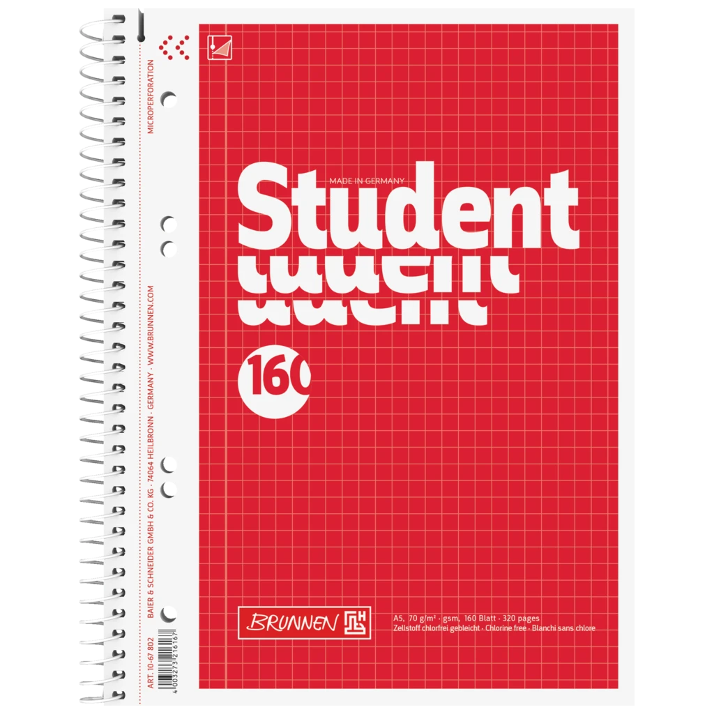 Kollegieblock Student | A5, linjal 5, 160 blad / 320 sidor, röd