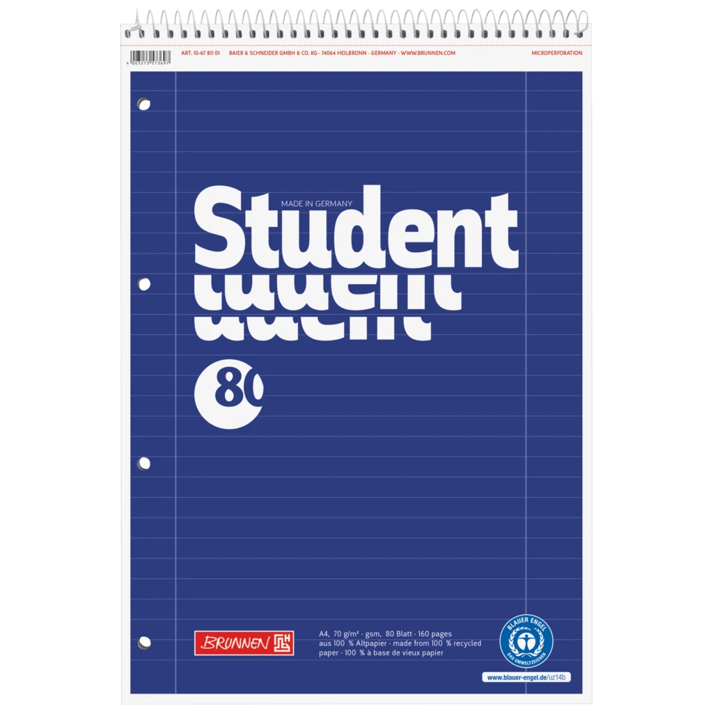 Kollegieblock Student Recycling | A4, linjal 27, 80 blad / 160 sidor, blå