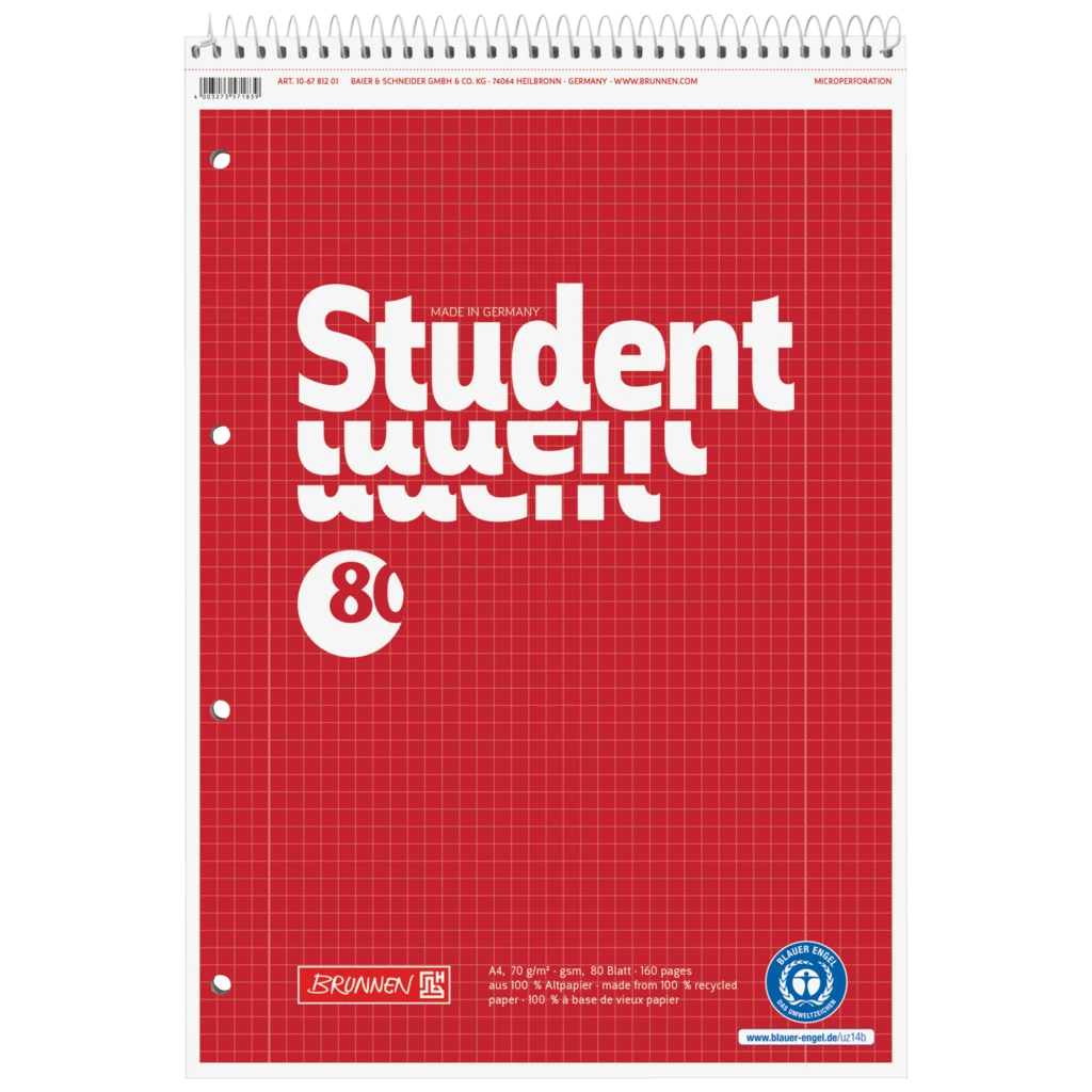 Kollegieblock Student Recycling | A4, linjal 28, 80 blad / 160 sidor, röd