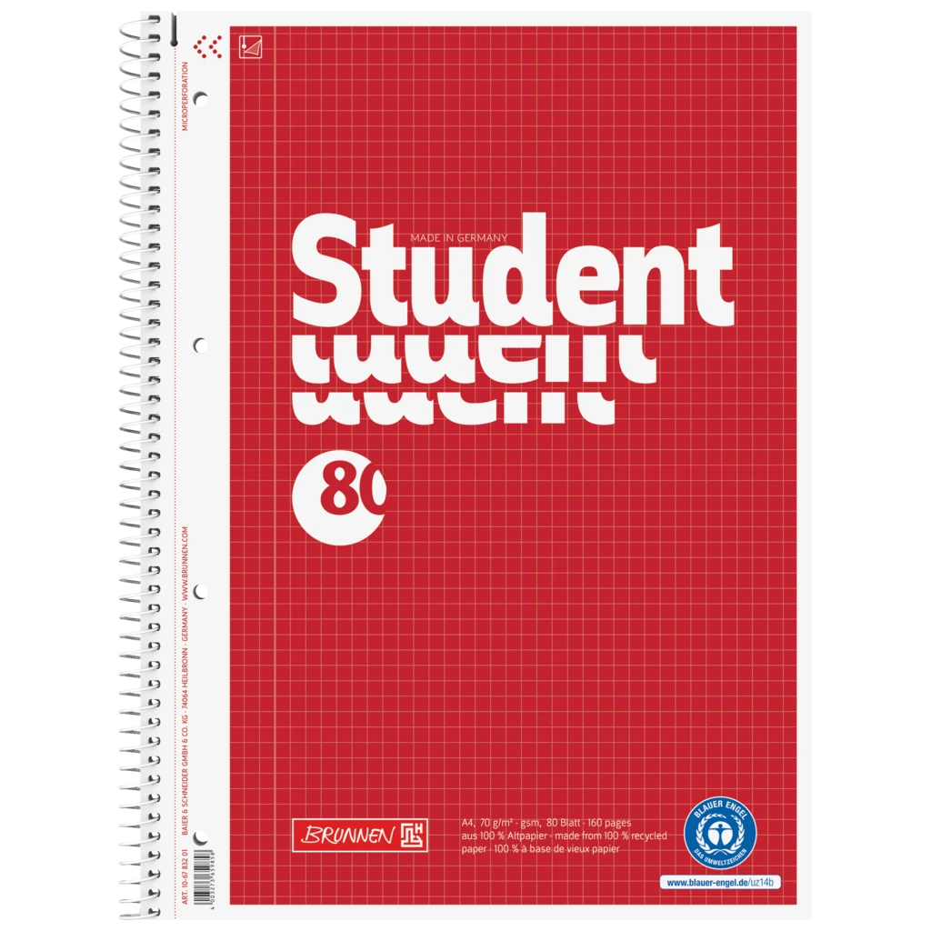 Kollegieblock Student Recycling | A4, linjal 22, 80 blad / 160 sidor, röd