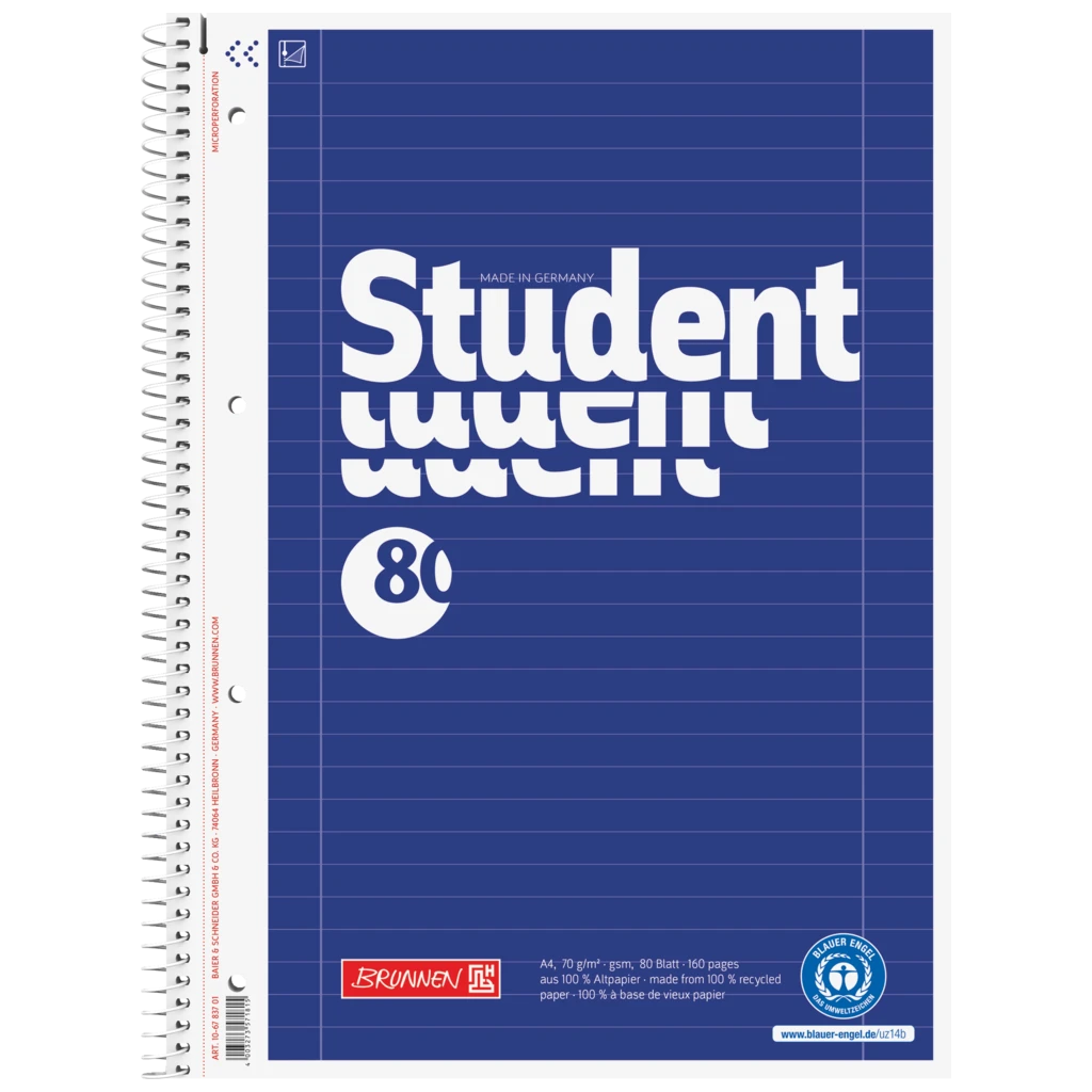Kollegieblock Student Recycling | A4, linjal 27, 80 blad / 160 sidor, blå