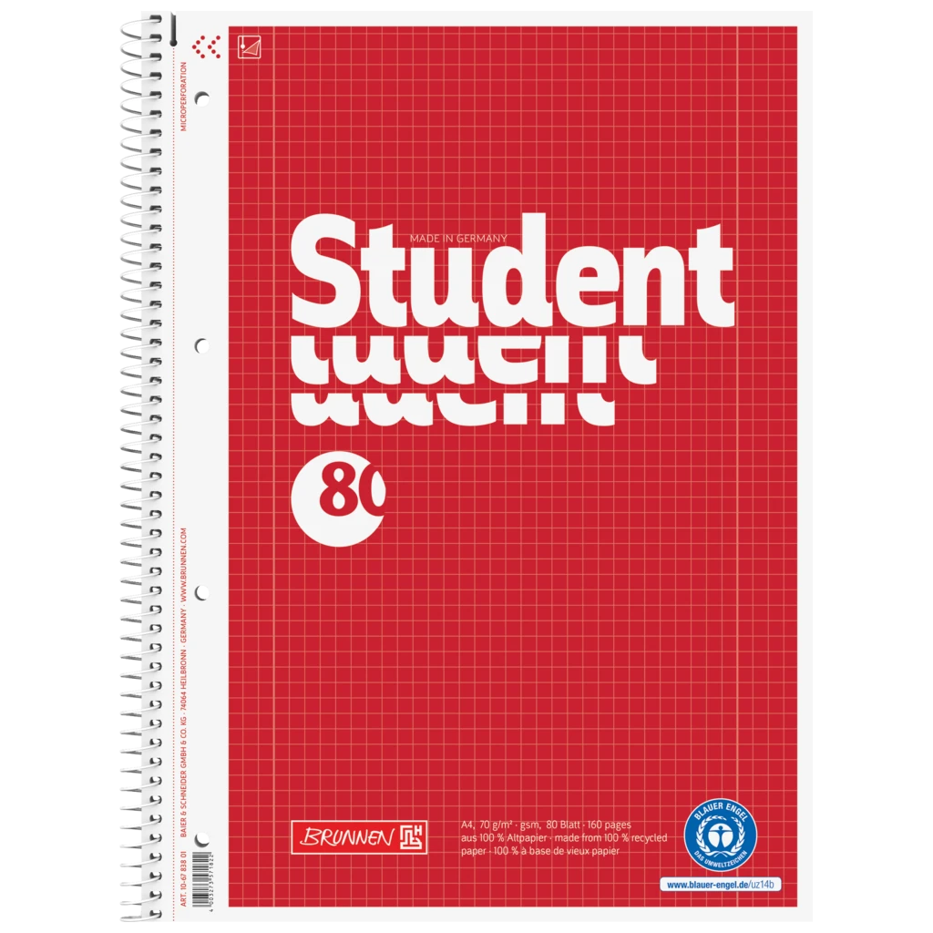 Kollegieblock Student Recycling | A4, linjal 28, 80 blad / 160 sidor, röd