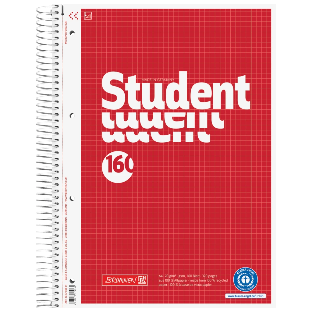 Kollegieblock Student Recycling | A4, linjal 28, 160 blad / 320 sidor, röd