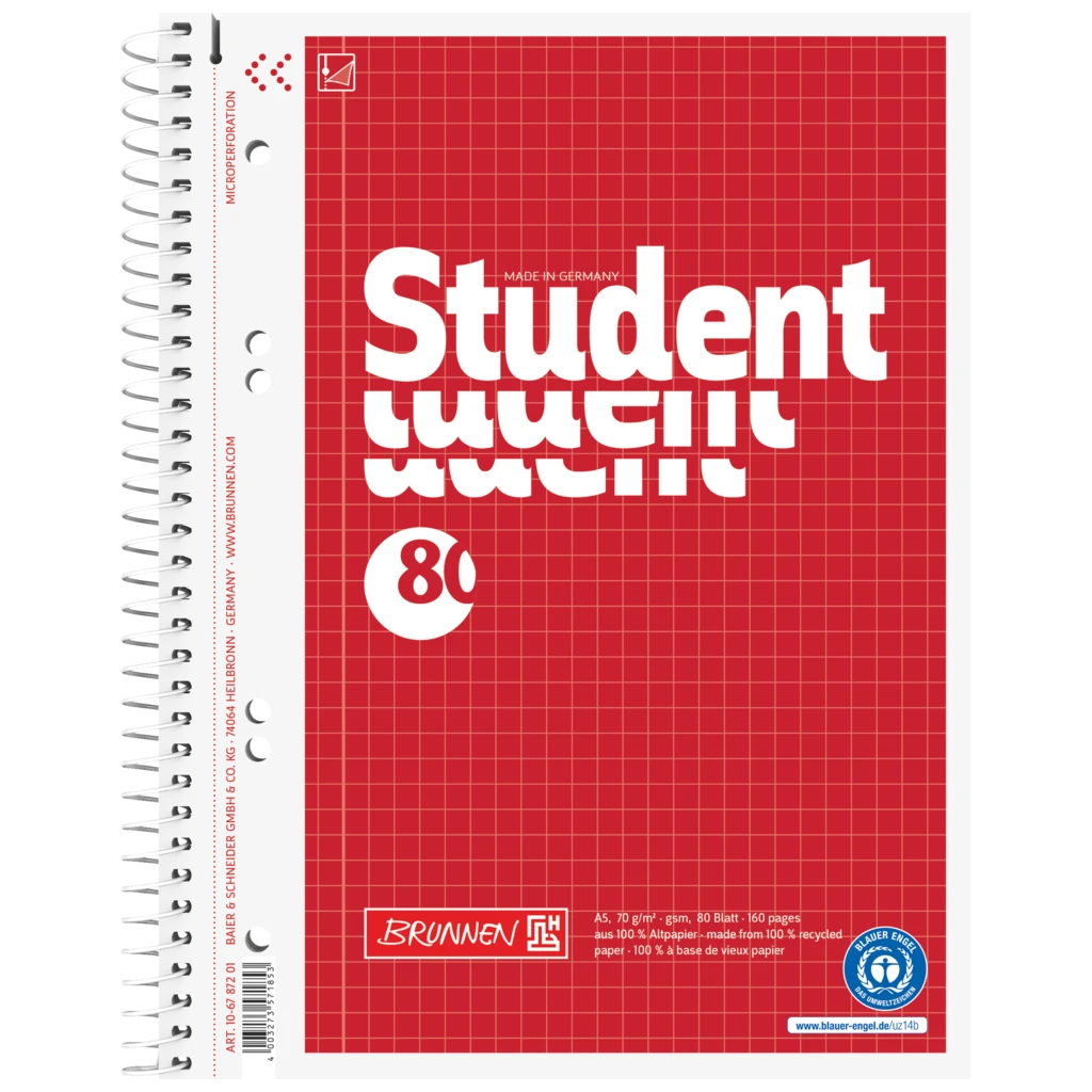 Kollegieblock Student Recycling | A5, linjal 5, 80 blad / 160 sidor, röd