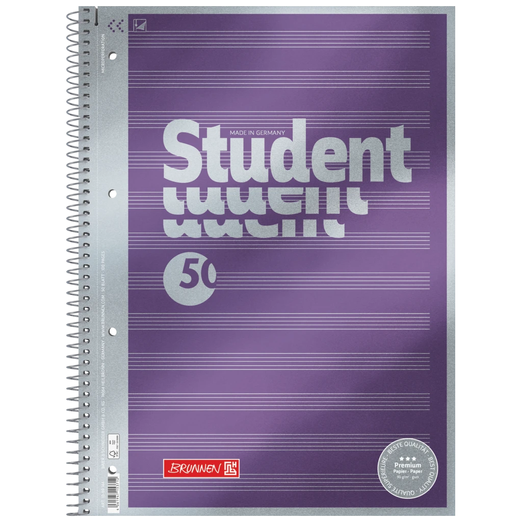 Anteckningsbok Premium Student “Noten” | A4, linjal 14, 50 blad / 100 sidor, violett