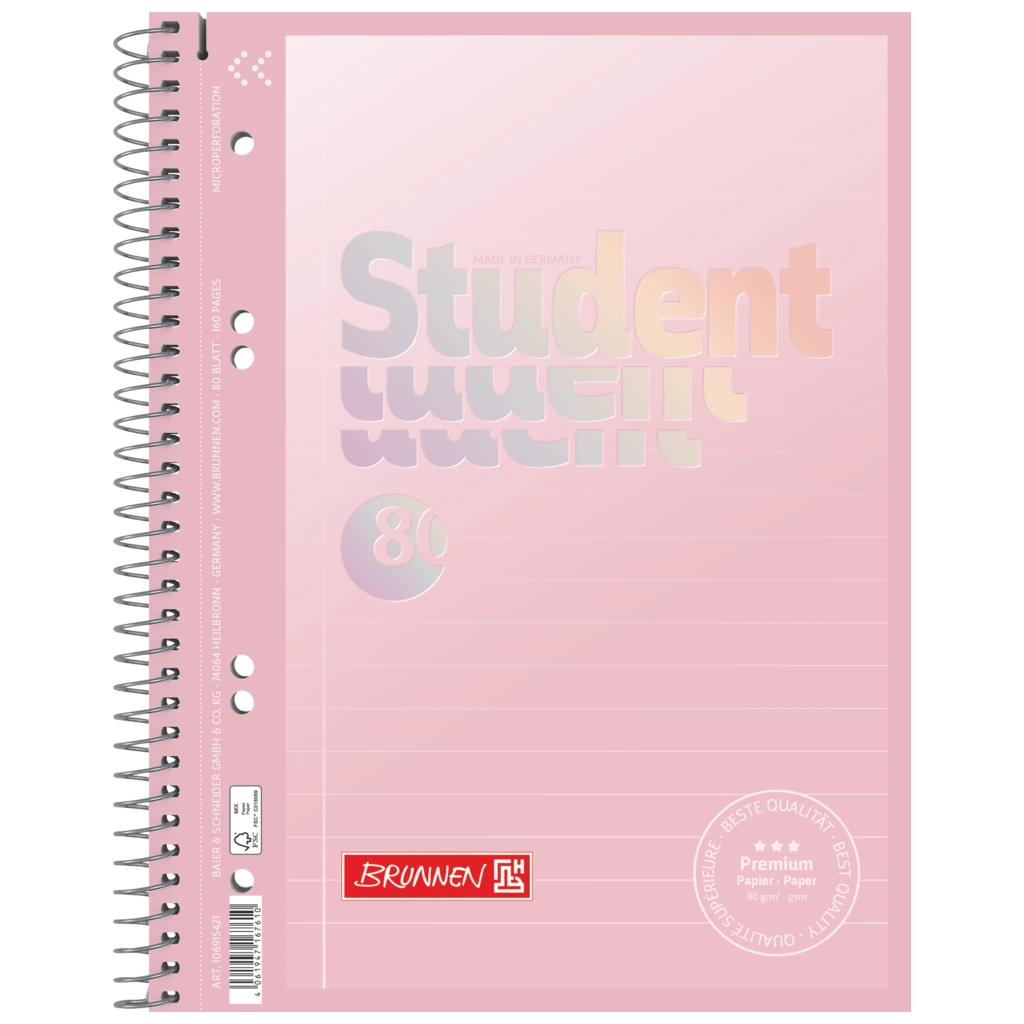 Anteckningsbok Premium Student “Pastell” | A5, linjal 4, 80 blad / 160 sidor, pastellrosa