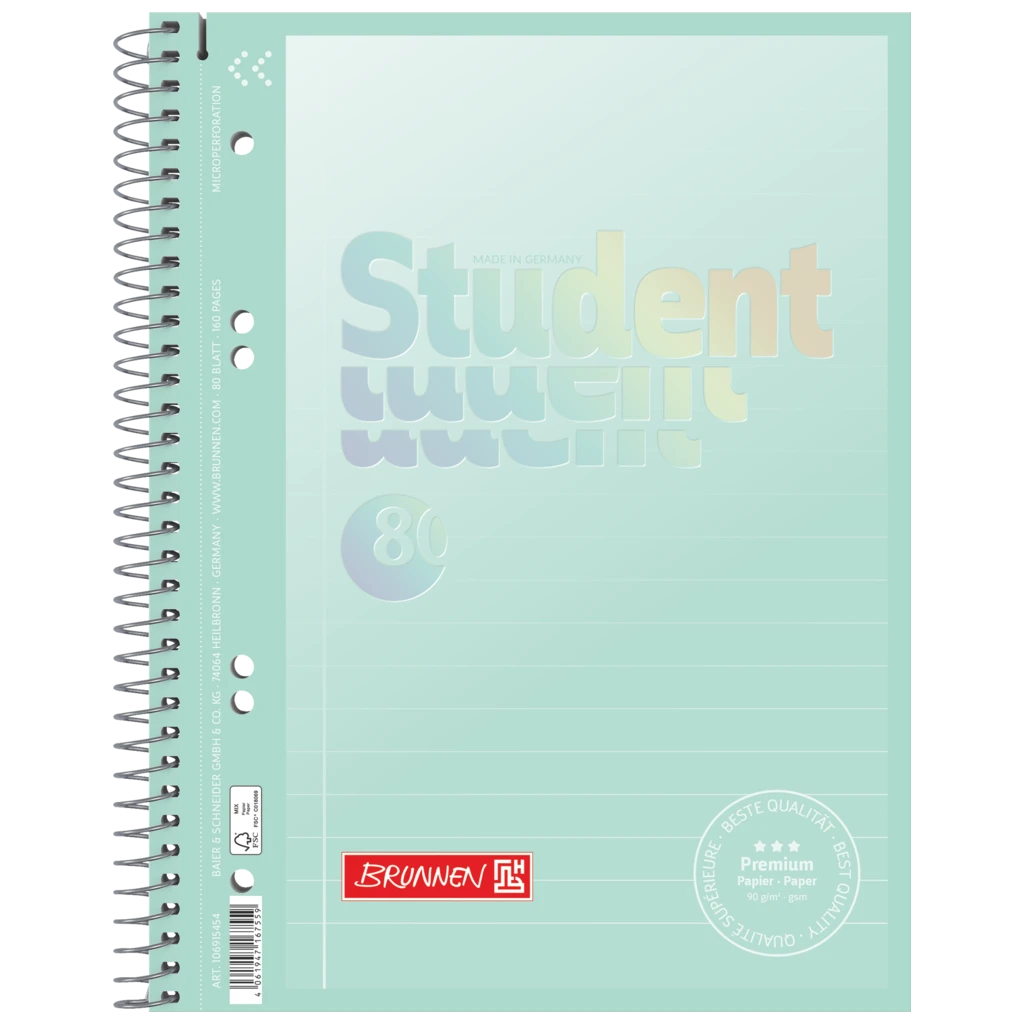 Anteckningsbok Premium Student “Pastell” | A5, linjal 4, 80 blad / 160 sidor, pastellfärgad mint