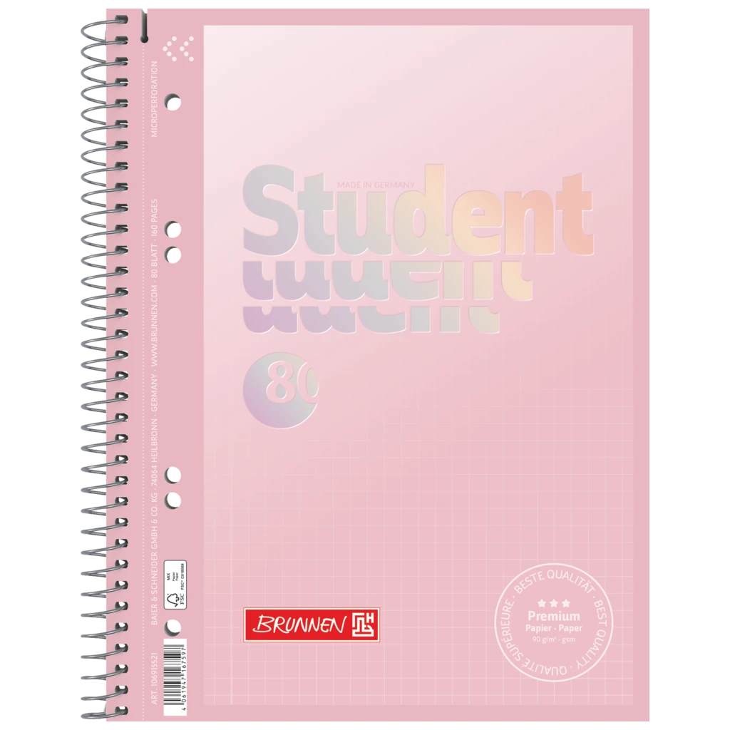 Anteckningsbok Premium Student “Pastell” | A5, linjal 5, 80 blad / 160 sidor, pastellrosa