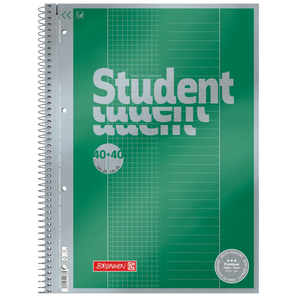 Kollegieblock Premium Student “DUO” | A4, rutat/linjerad, 80 blad / 160 sidor, grön