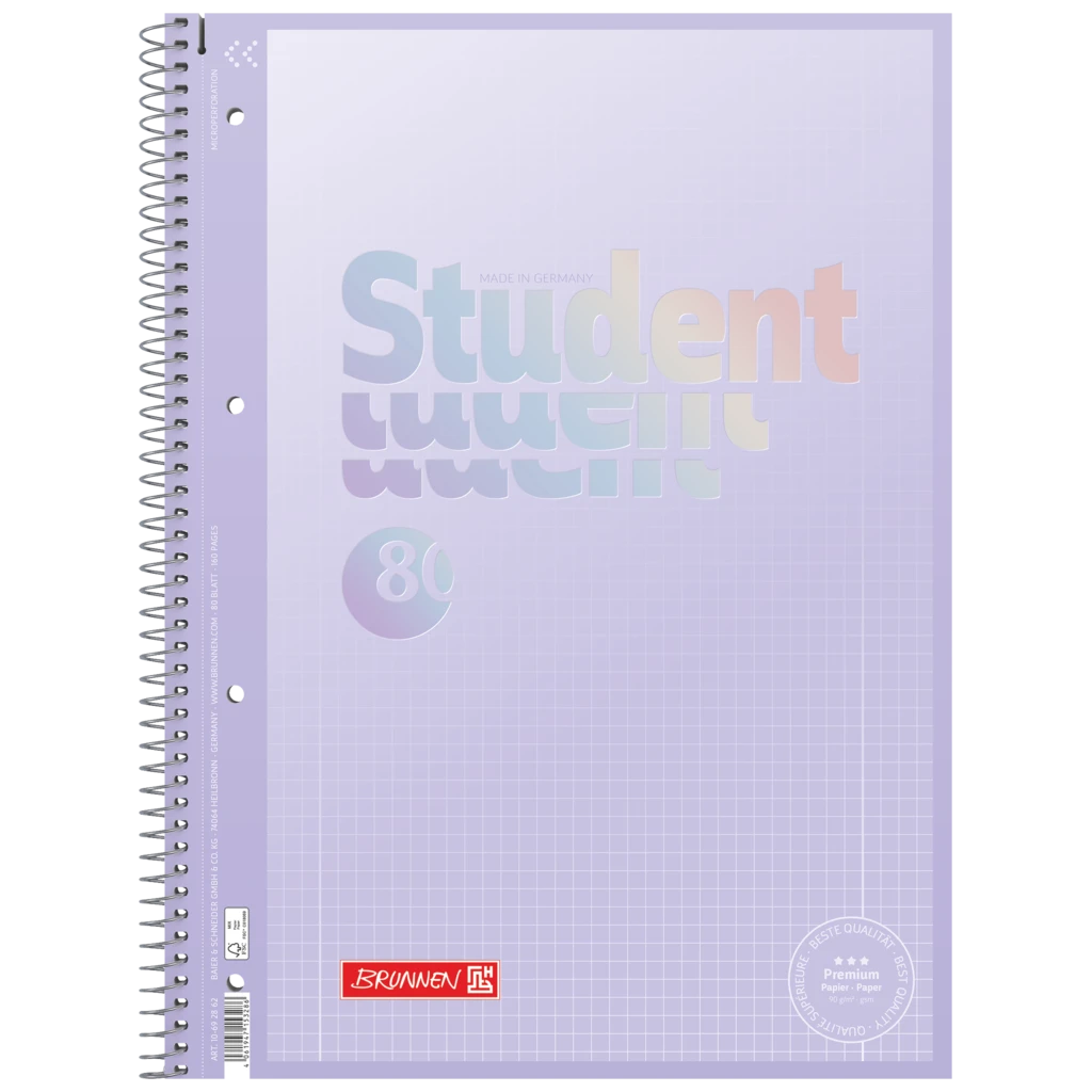 Anteckningsbok Premium Student “Pastell” | A4, linjal 28, 80 blad / 160 sidor, pastellfärgad lila