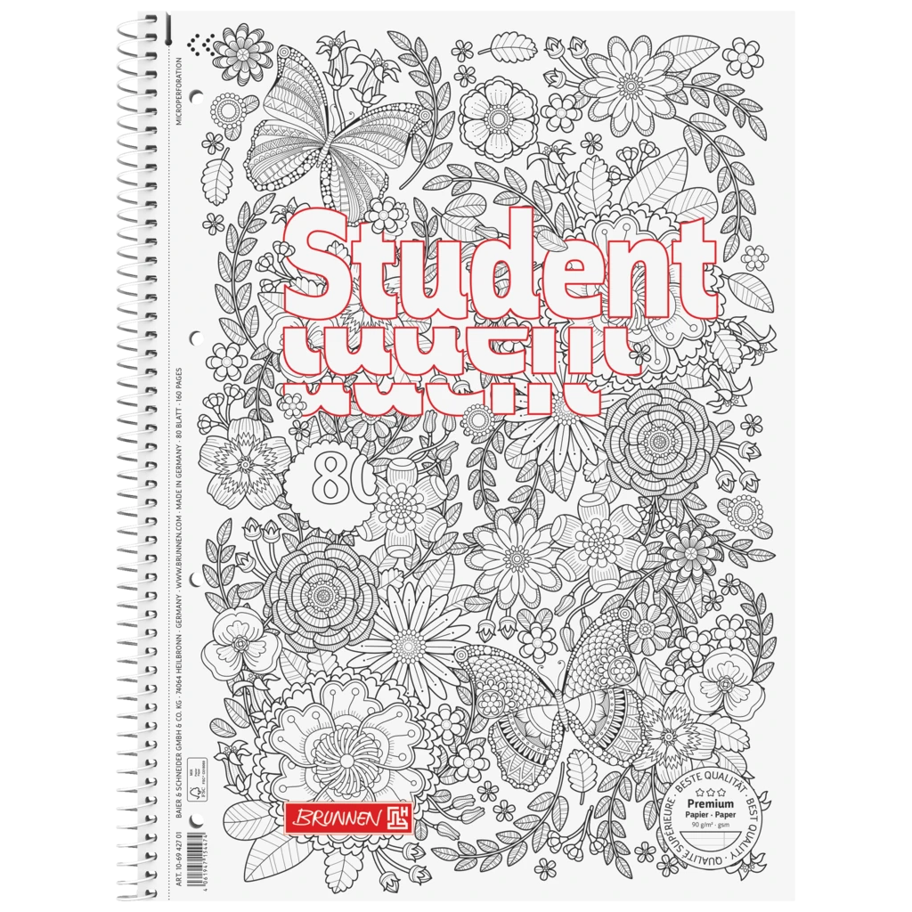Anteckningsbok Premium Student “Fjäril” ZENart | A4, linjal 27, 80 blad / 160 sidor, vit