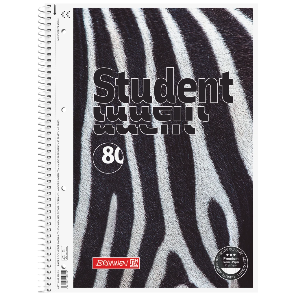 Anteckningsbok Premium Student “Zebra” | A4, linjal 28, 80 blad / 160 sidor, vit/svart