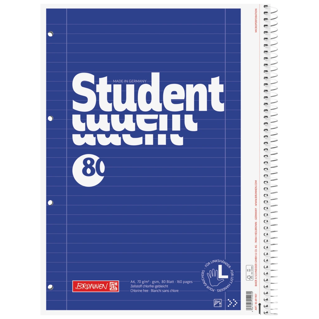 Anteckningsbok Student Vänsterhänt | A4, linjal 27, 80 blad / 160 sidor, blå